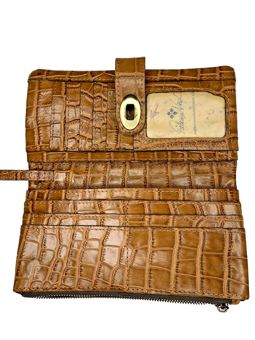 Patricia Nash Crocodile print brown Leather fold over zip and lock wallet
